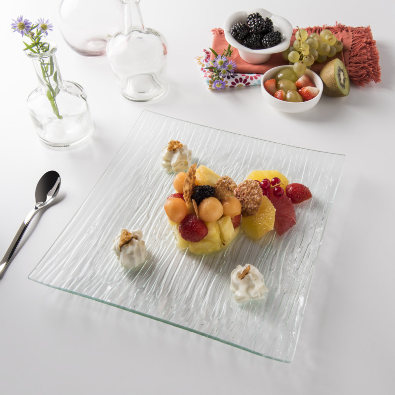 Assiette plate carré transparent verre trempé 12,8x12,8 cm Veloutee Pro.mundi